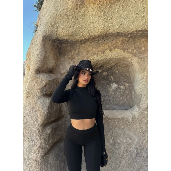 Siyah İspanyol Tayt Crop İkili Takım