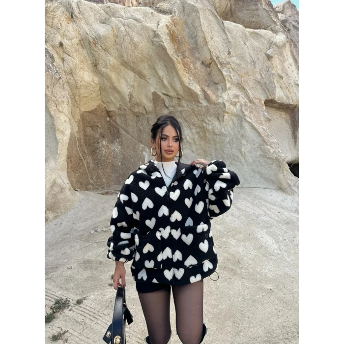 Siyah Kalpli Peluş Mont