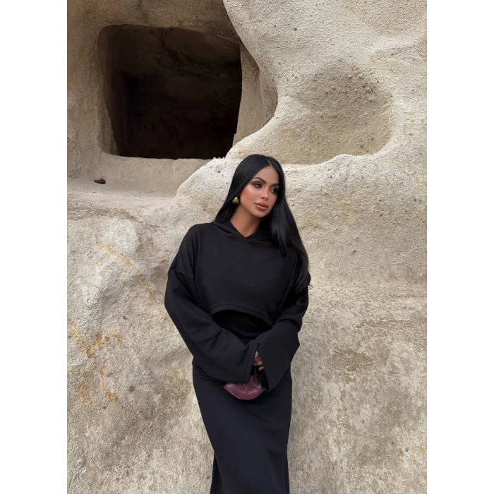 Siyah Kapşonlu Maxi İkili Set