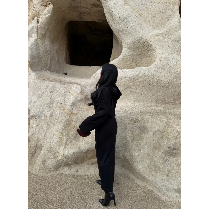 Siyah Kapşonlu Maxi İkili Set