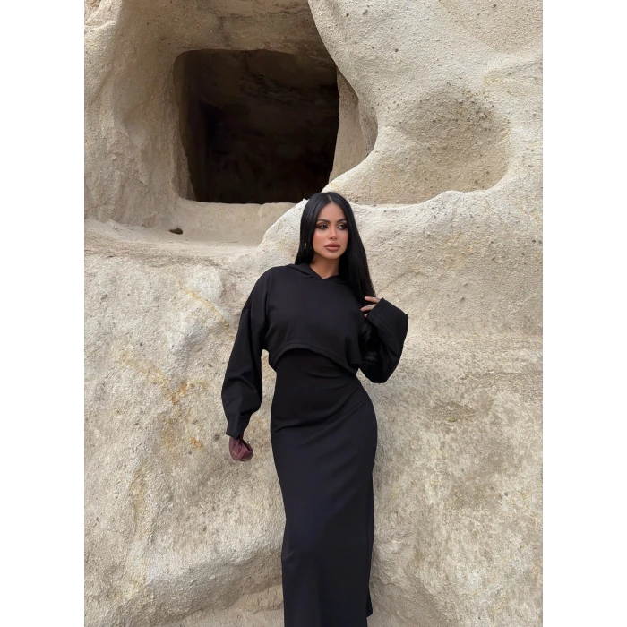 Siyah Kapşonlu Maxi İkili Set