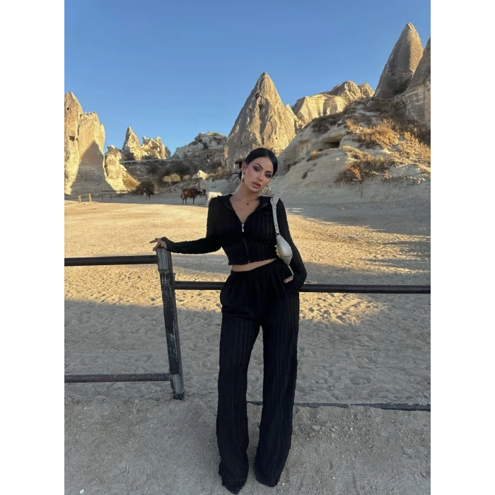 Siyah Kapşonlu Ters Dikiş İkili Takım