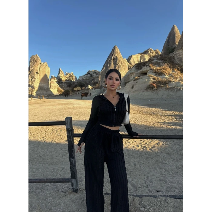 Siyah Kapşonlu Ters Dikiş İkili Takım