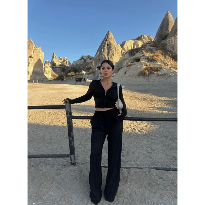 Siyah Kapşonlu Ters Dikiş İkili Takım