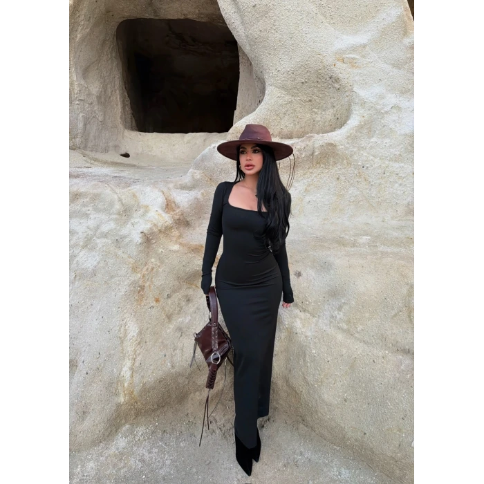 Siyah Kare Yaka Fitilli Elbise