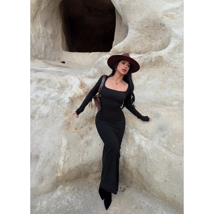 Siyah Kare Yaka Fitilli Elbise