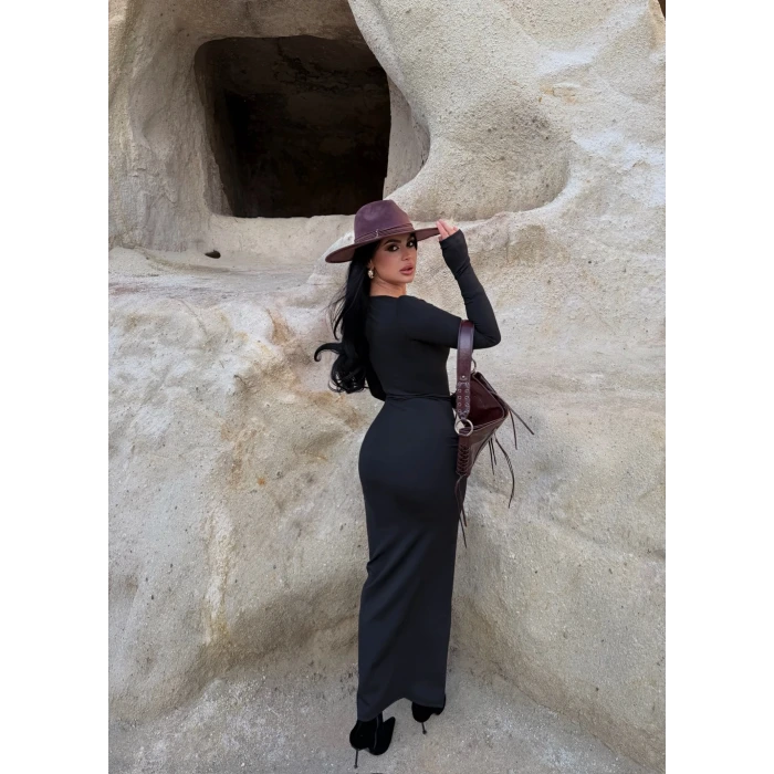 Siyah Kare Yaka Fitilli Elbise