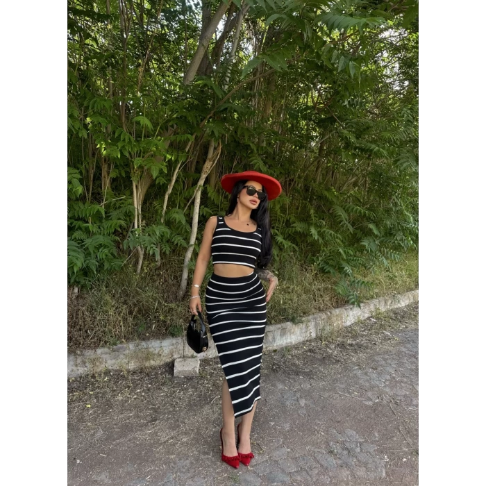 Siyah Kaşkorse Etek&Crop İkili Takım