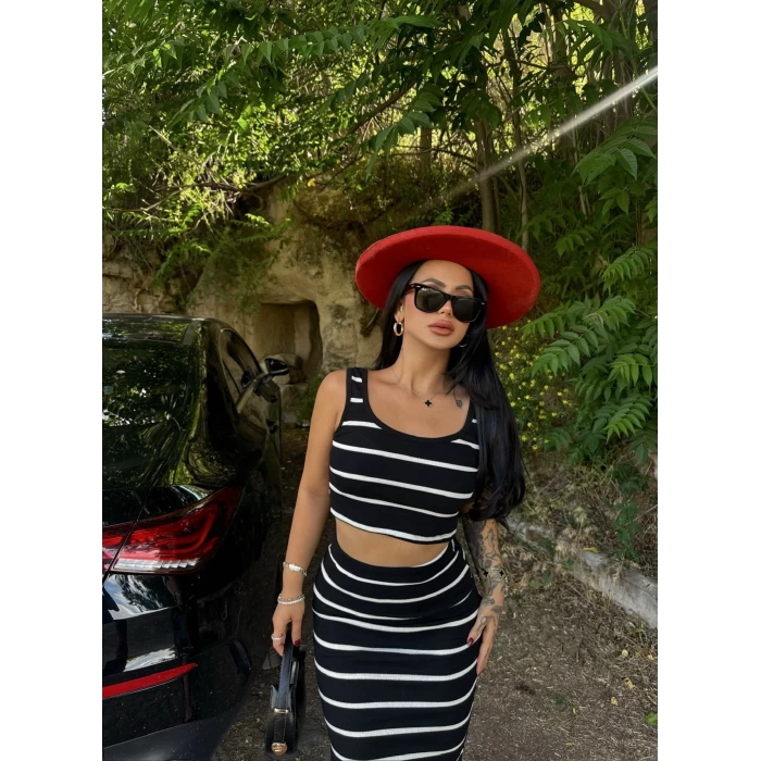 Siyah Kaşkorse Etek&Crop İkili Takım