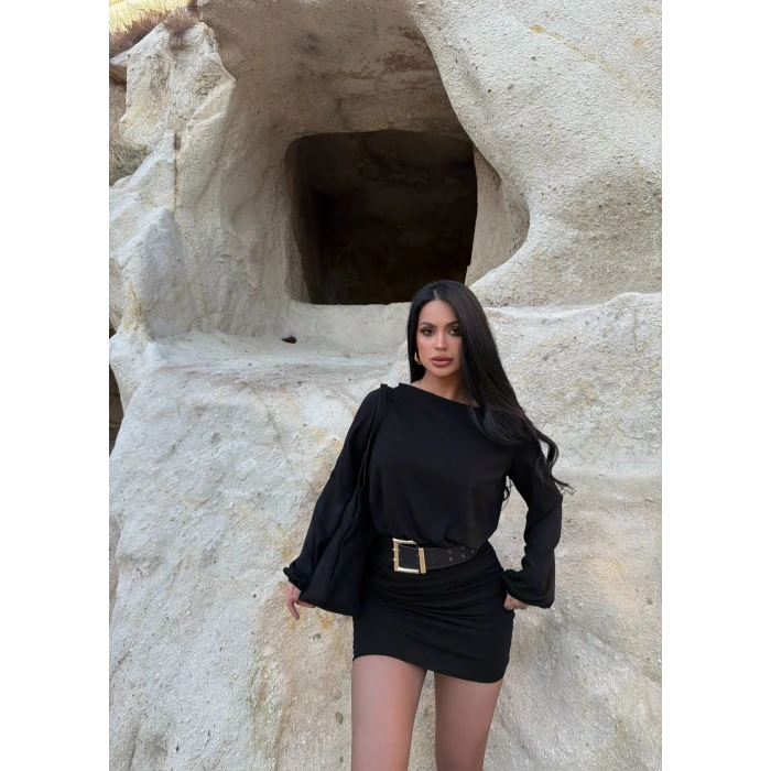 Siyah Kayık Yaka Modal Elbise