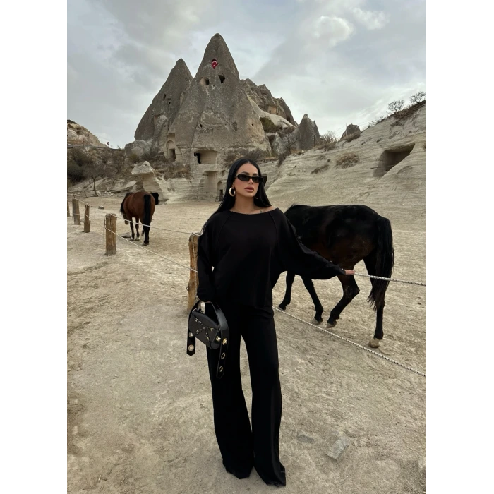 Siyah Kayık Yaka Modal İkili Takım