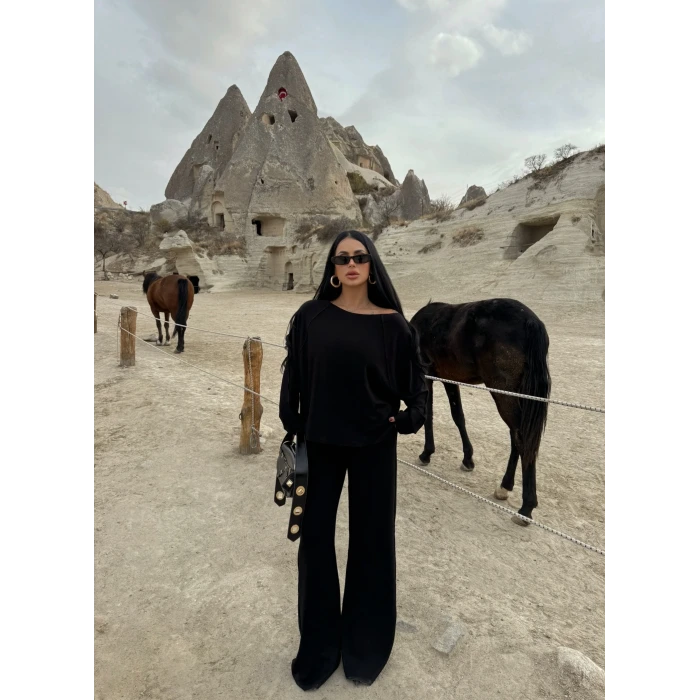 Siyah Kayık Yaka Modal İkili Takım