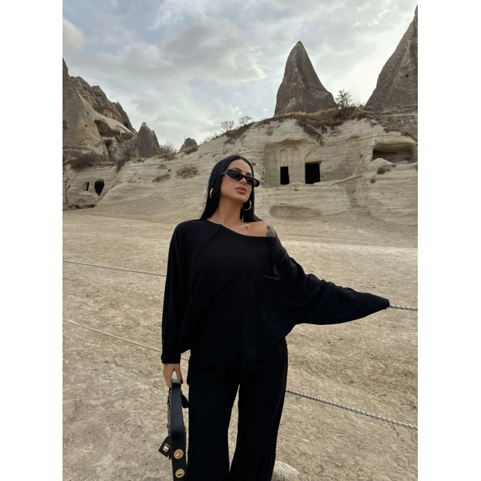 Siyah Kayık Yaka Modal İkili Takım