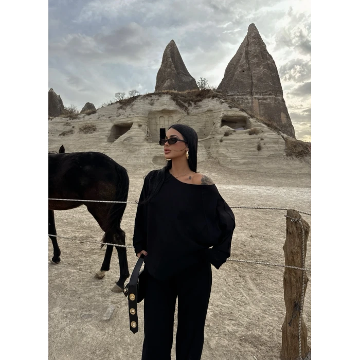 Siyah Kayık Yaka Modal İkili Takım