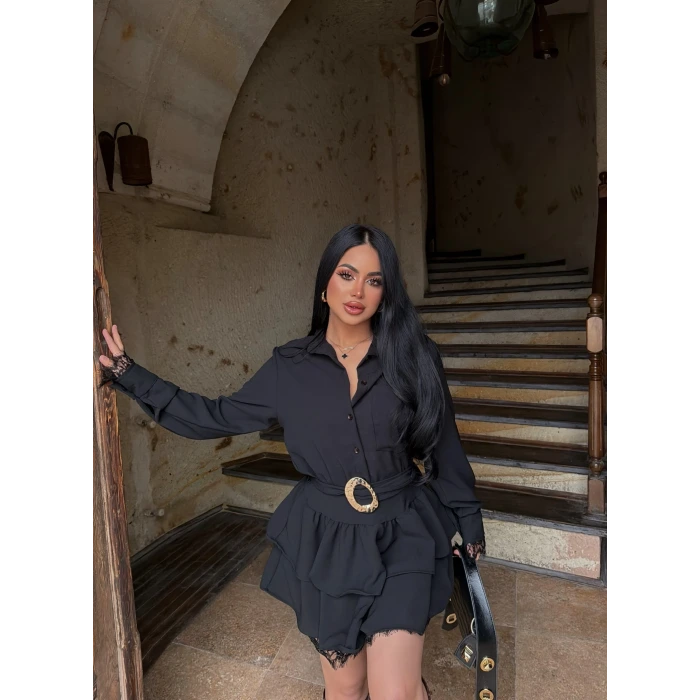 Siyah Kemerli Dantel Detay Elbise