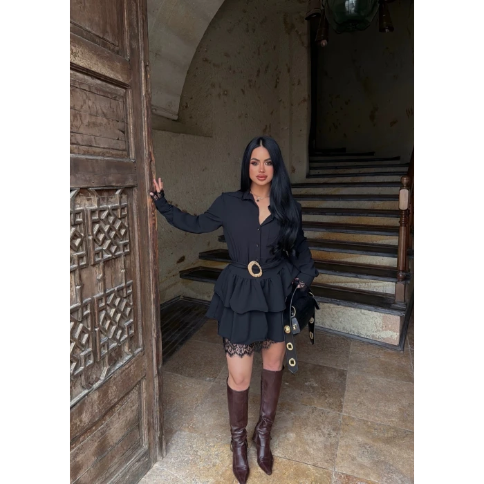 Siyah Kemerli Dantel Detay Elbise