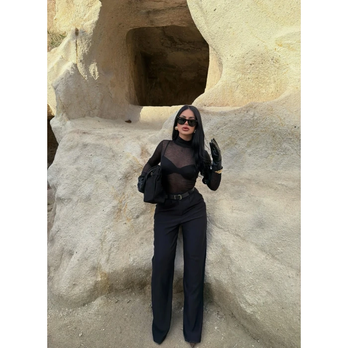 Siyah Kemerli Kadife Palazzo Pantolon