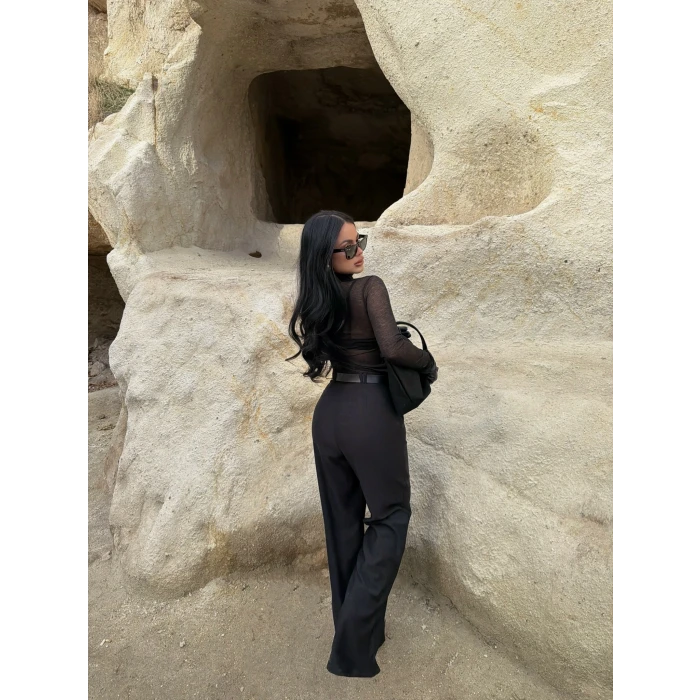 Siyah Kemerli Kadife Palazzo Pantolon