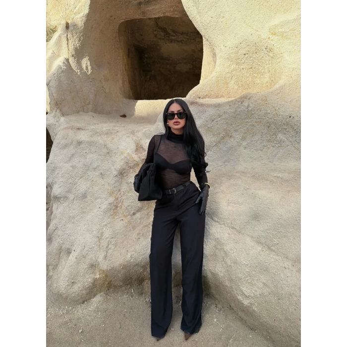 Siyah Kemerli Kadife Palazzo Pantolon