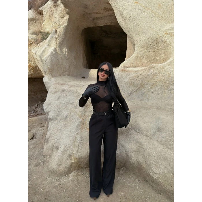 Siyah Kemerli Kadife Palazzo Pantolon