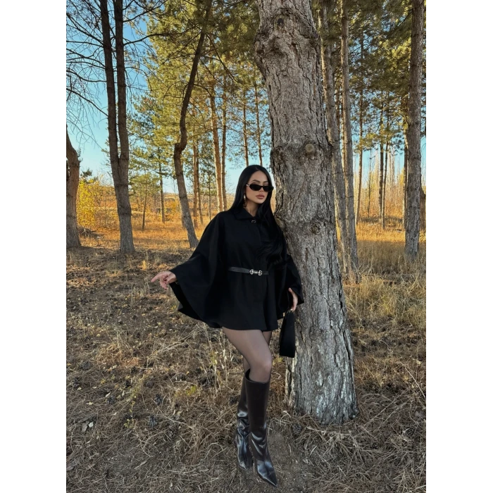 Siyah Kemerli Kaşe Panço