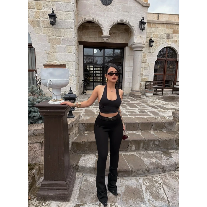 Siyah Kemerli Slim Flare Pantolon