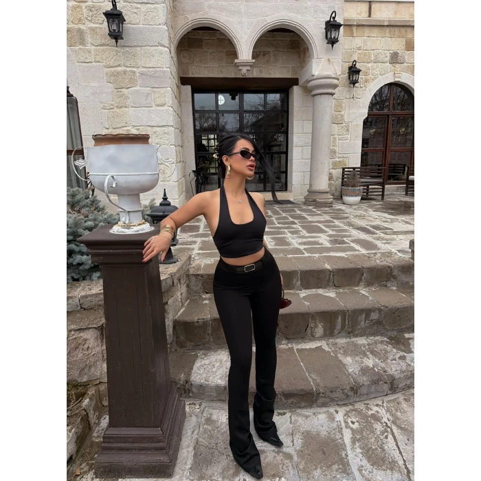 Siyah Kemerli Slim Flare Pantolon