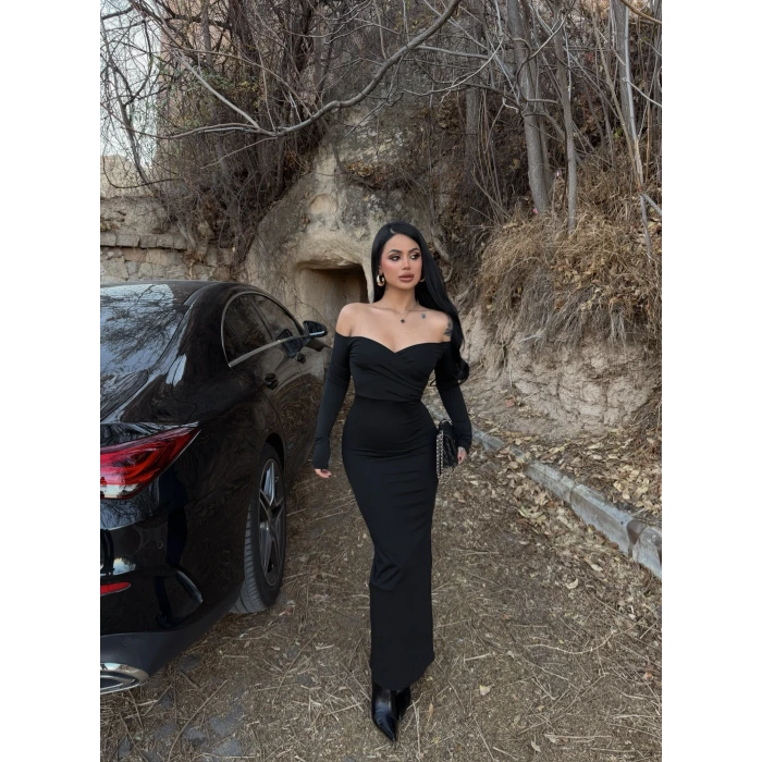 Siyah Kruvaze Yaka Maxi Elbise