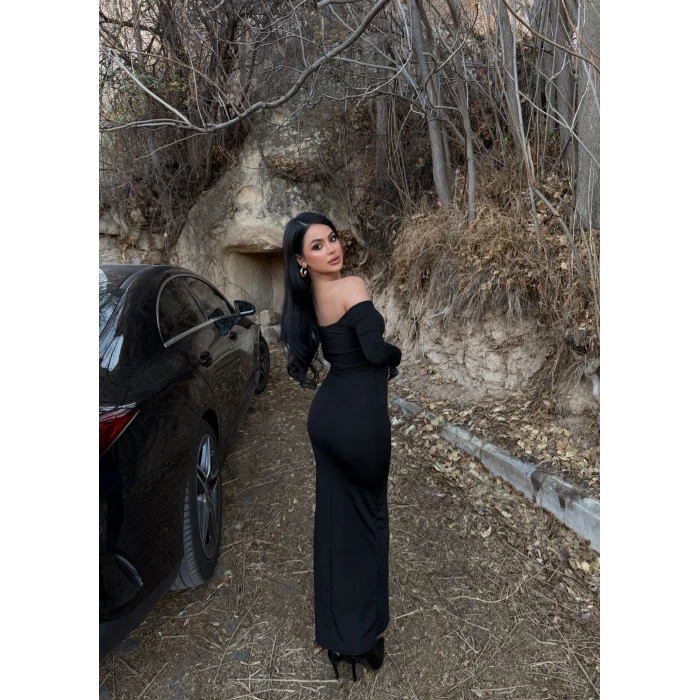 Siyah Kruvaze Yaka Maxi Elbise