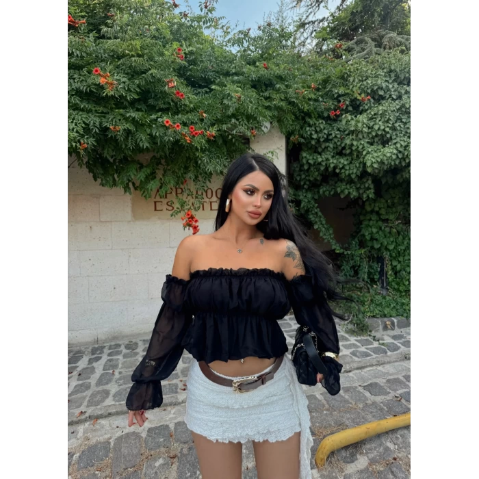 Siyah Madonna Yaka Şifon Bluz