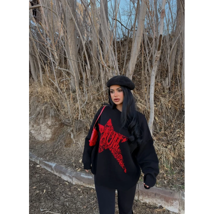 Siyah Mind Sırt Baskı Kazak