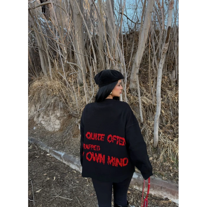 Siyah Mind Sırt Baskı Kazak