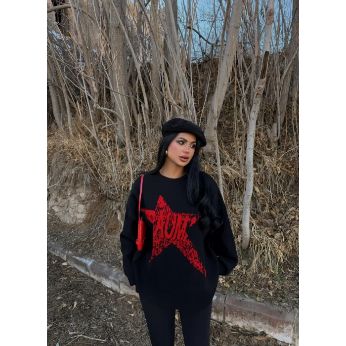 Siyah Mind Sırt Baskı Kazak