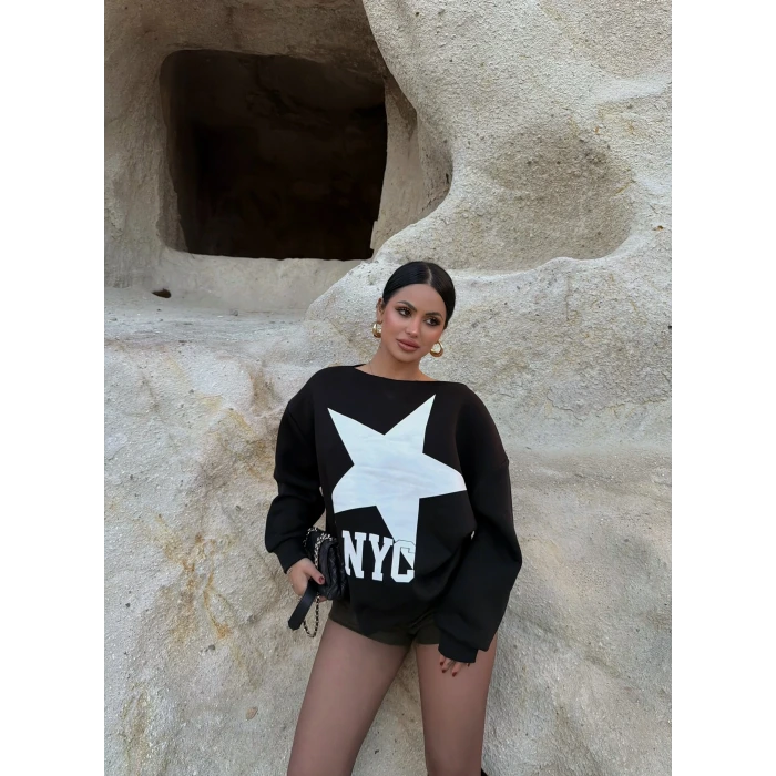 Siyah NYC Kayık Yaka Sweat