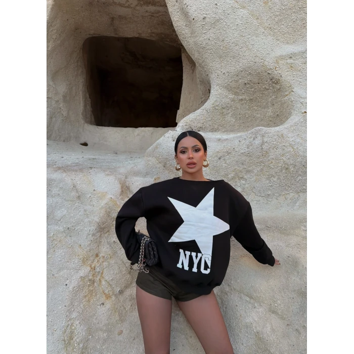 Siyah NYC Kayık Yaka Sweat