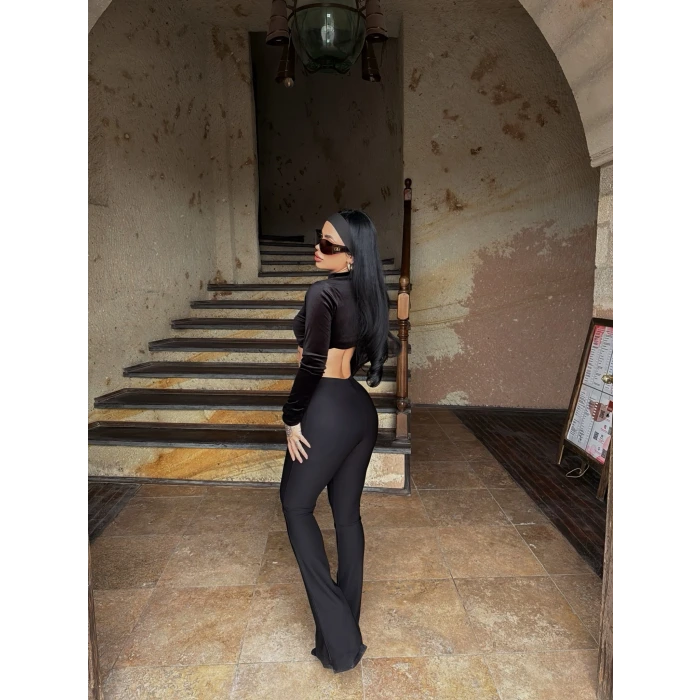 Siyah Ön Yırtmaçlı Fitilli Pantolon