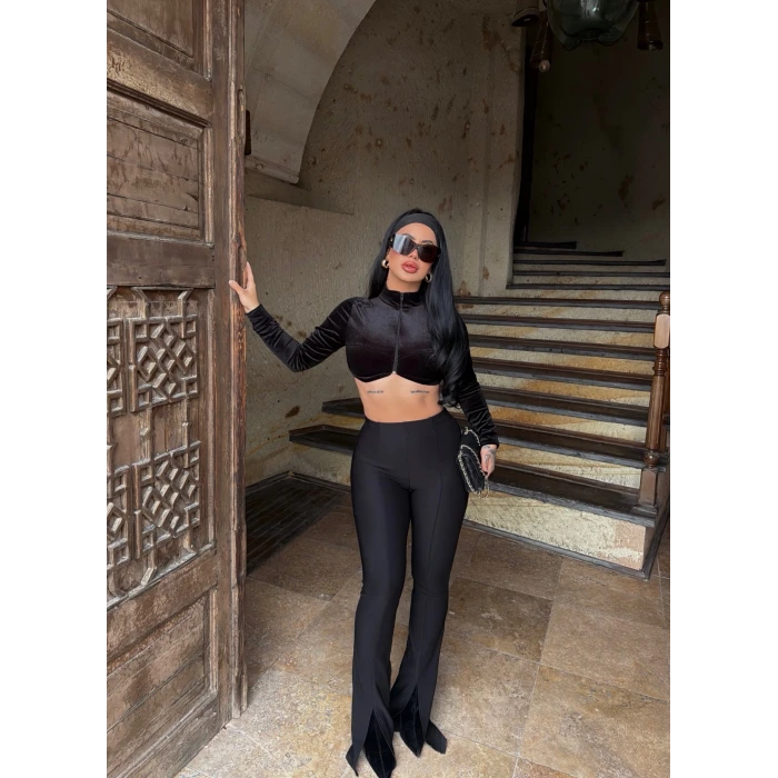 Siyah Ön Yırtmaçlı Fitilli Pantolon