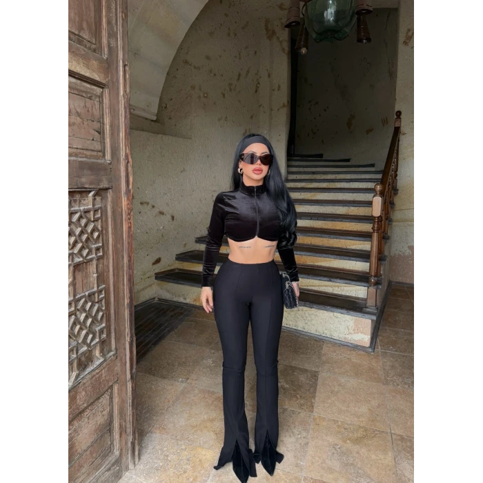 Siyah Ön Yırtmaçlı Fitilli Pantolon