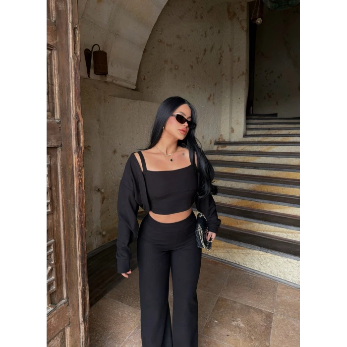 Siyah Örme Hırka Üçlü Takım