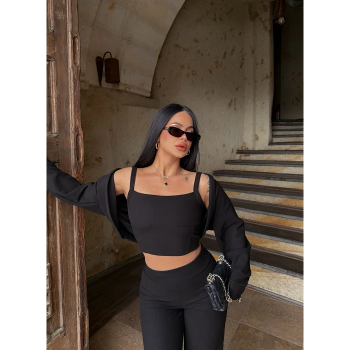 Siyah Örme Hırka Üçlü Takım