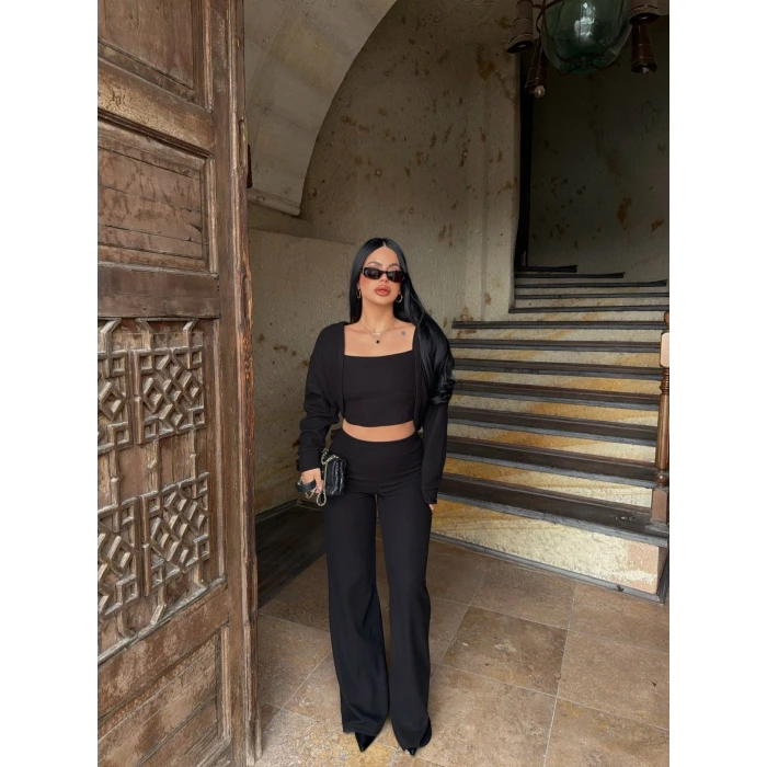 Siyah Örme Hırka Üçlü Takım