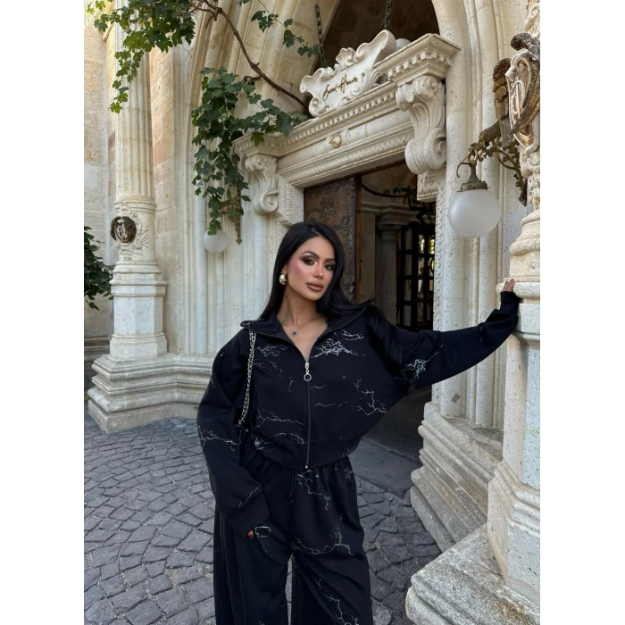 Siyah Oversize Kalıp Stone İkili Takım