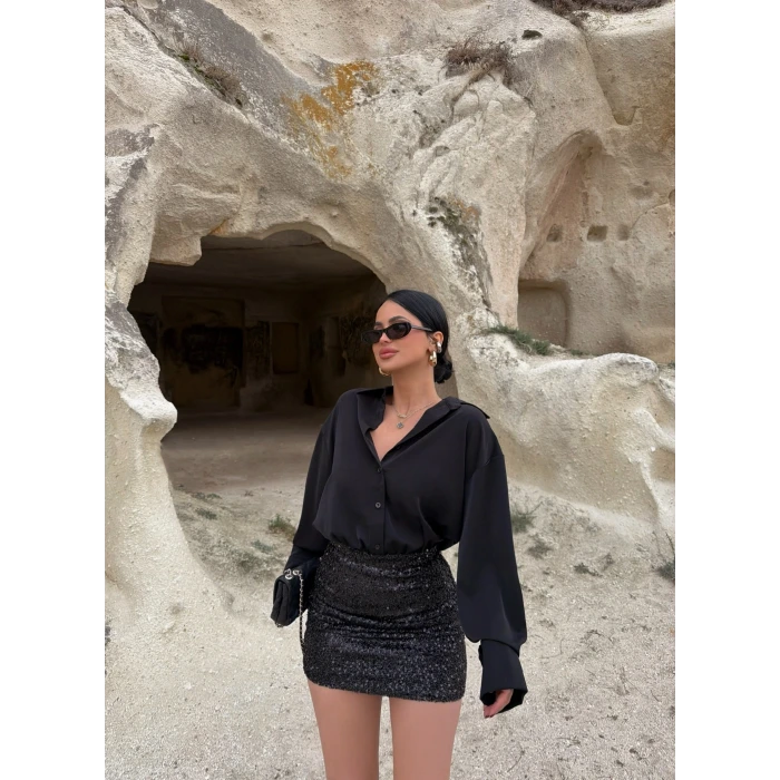 Siyah Payetli Gömlek Elbise