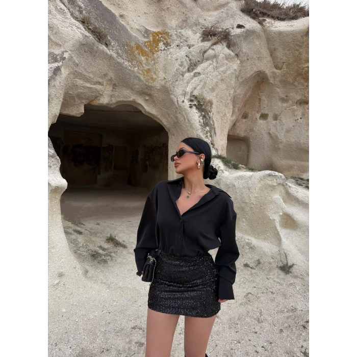 Siyah Payetli Gömlek Elbise