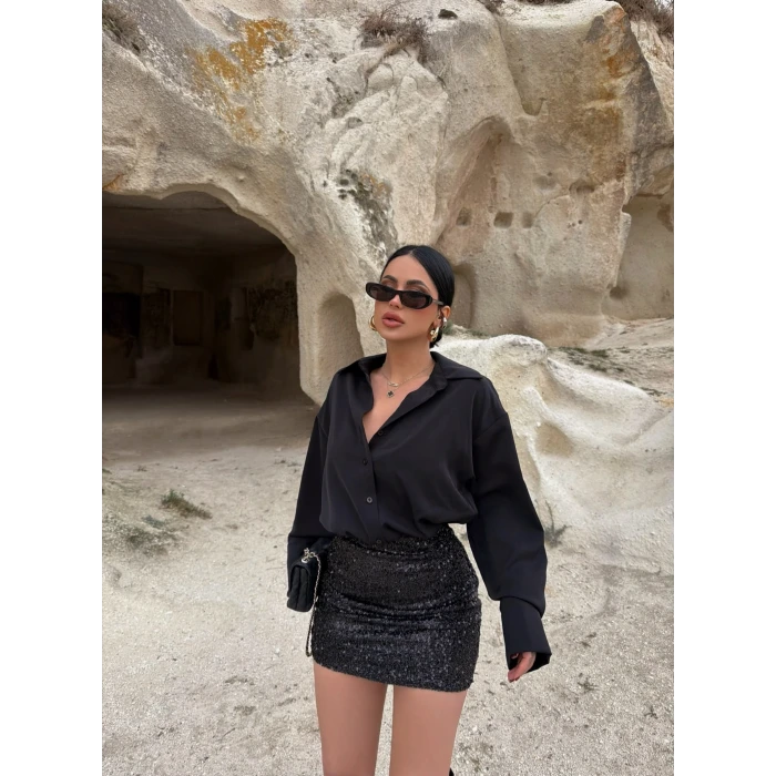 Siyah Payetli Gömlek Elbise