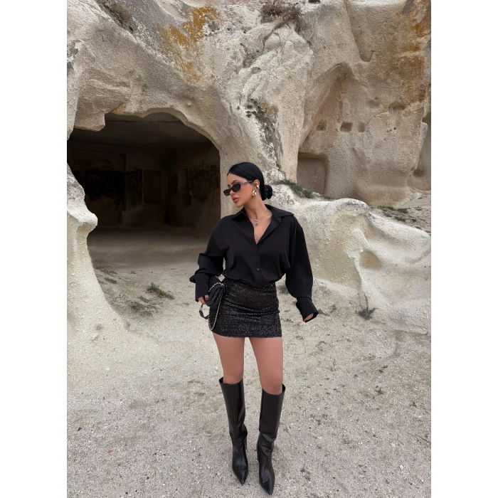 Siyah Payetli Gömlek Elbise