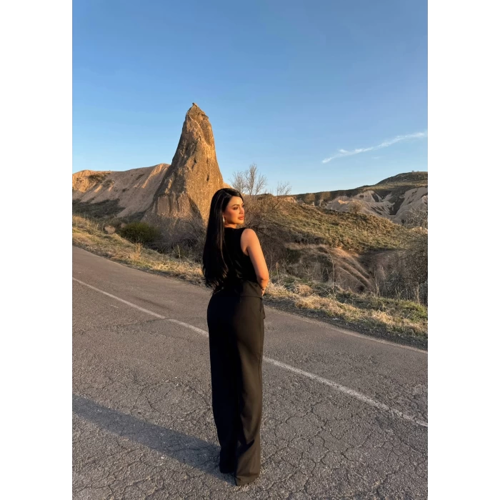 Siyah Poliviskon Bel Bağlamalı İkili Takım