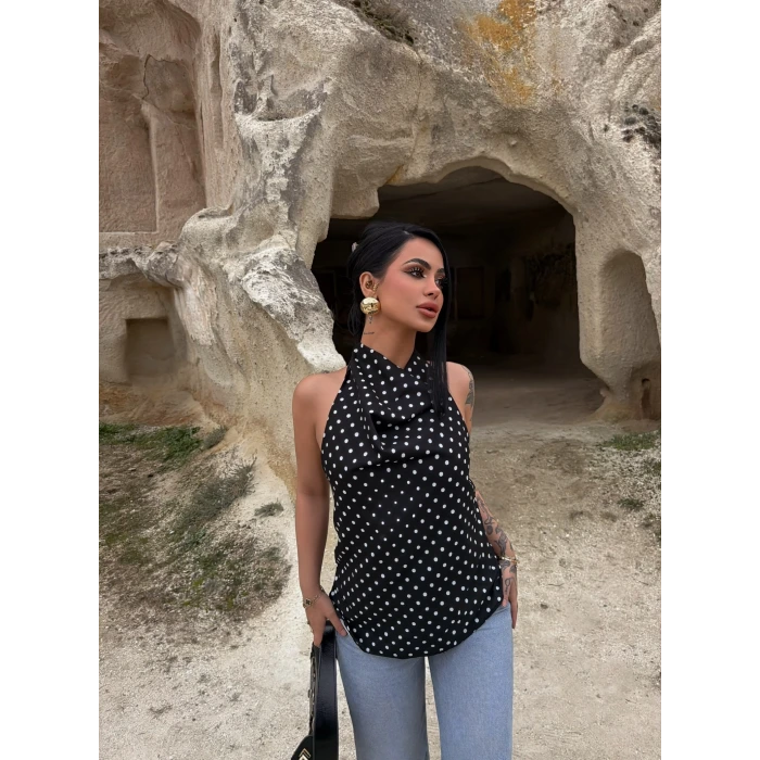 Siyah Puantiyeli Degaje Bluz