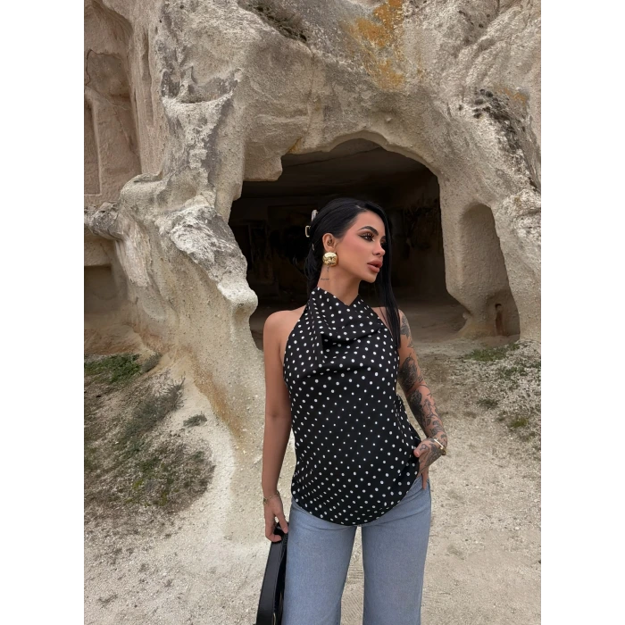 Siyah Puantiyeli Degaje Bluz