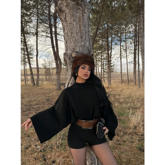 Siyah Reglan Kol Yarasa Kazak